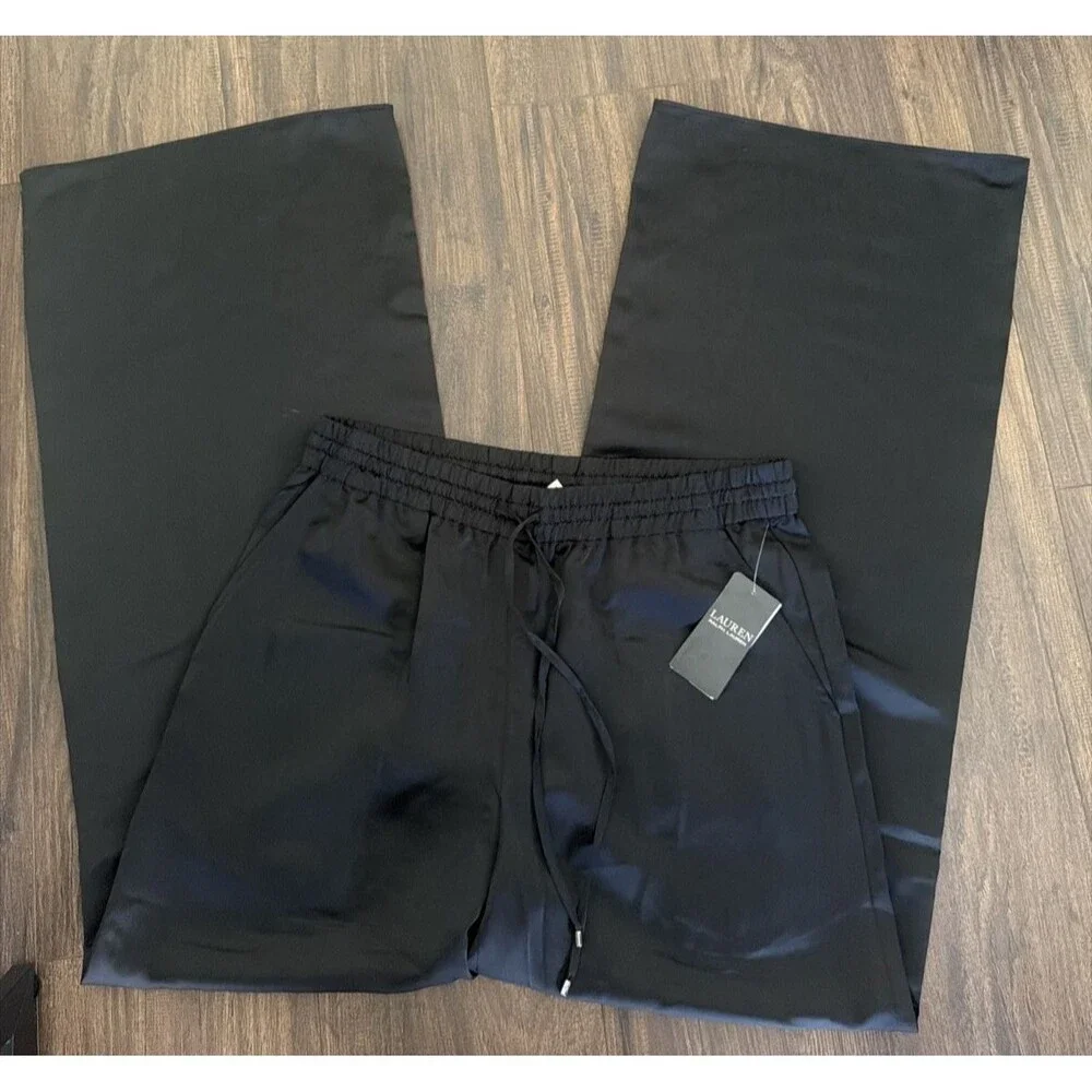 Lauren Ralph Lauren Womens Wide-Leg drawcord waist Satin Charmeuse Pants Black M - Picture 9 of 12